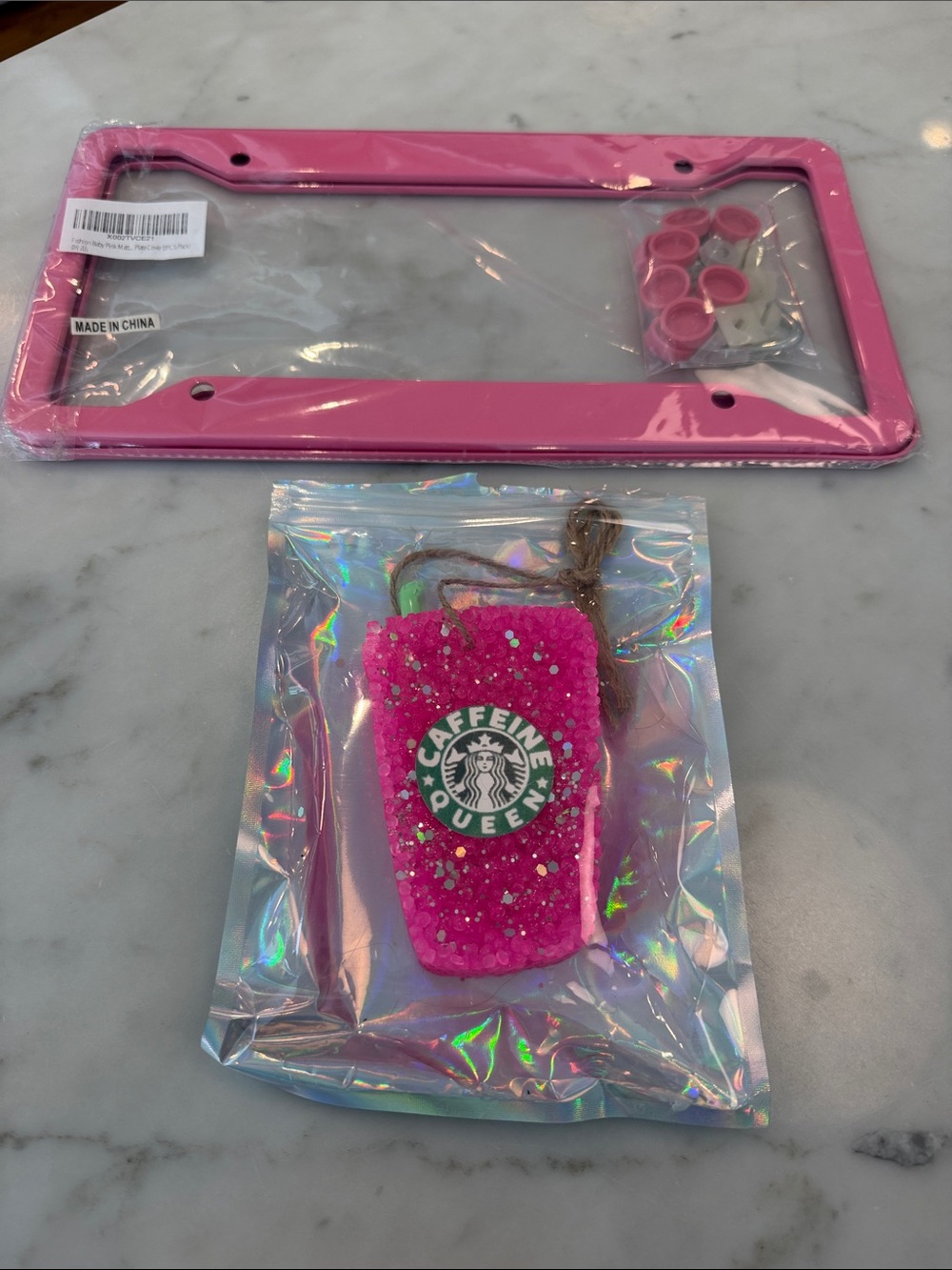 Pink 'Caffeine Queen' Car Volcano air freshener & Pink License Plate Cover, NWT